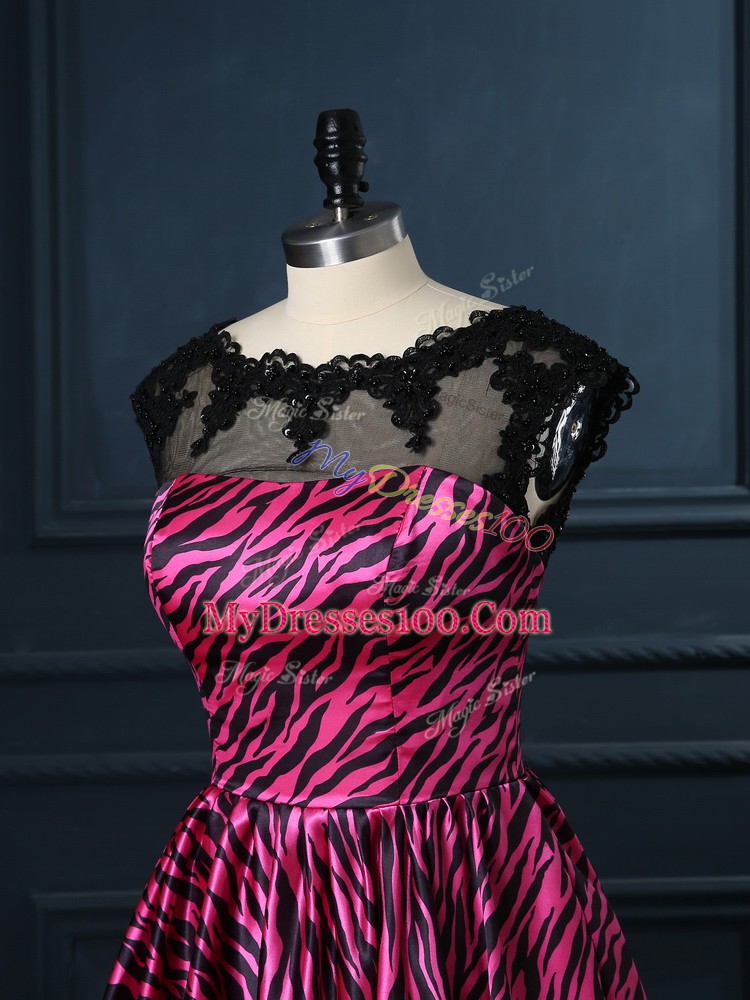 Cap Sleeves Printed Mini Length Backless Cocktail Dresses in Hot Pink with Lace