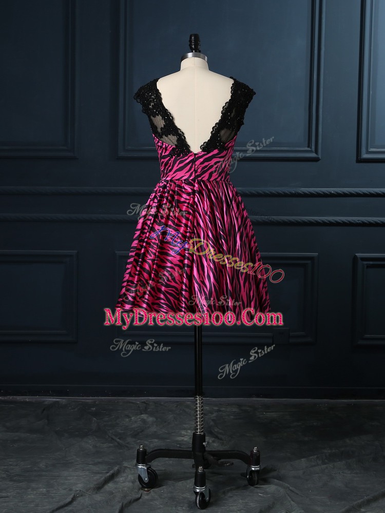 Cap Sleeves Printed Mini Length Backless Cocktail Dresses in Hot Pink with Lace