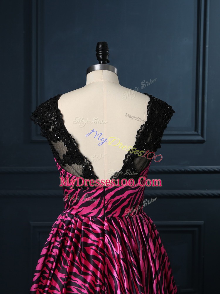 Cap Sleeves Printed Mini Length Backless Cocktail Dresses in Hot Pink with Lace
