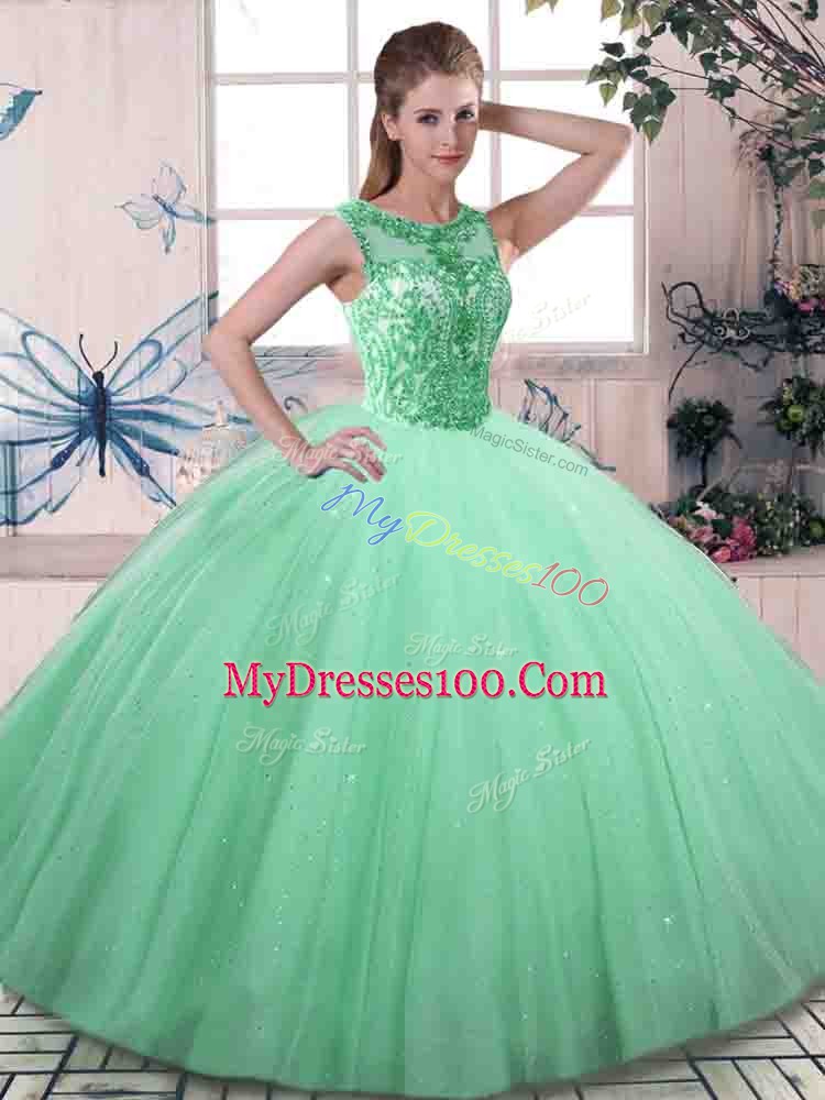 Apple Green Scoop Neckline Beading Quinceanera Dress Sleeveless Lace Up