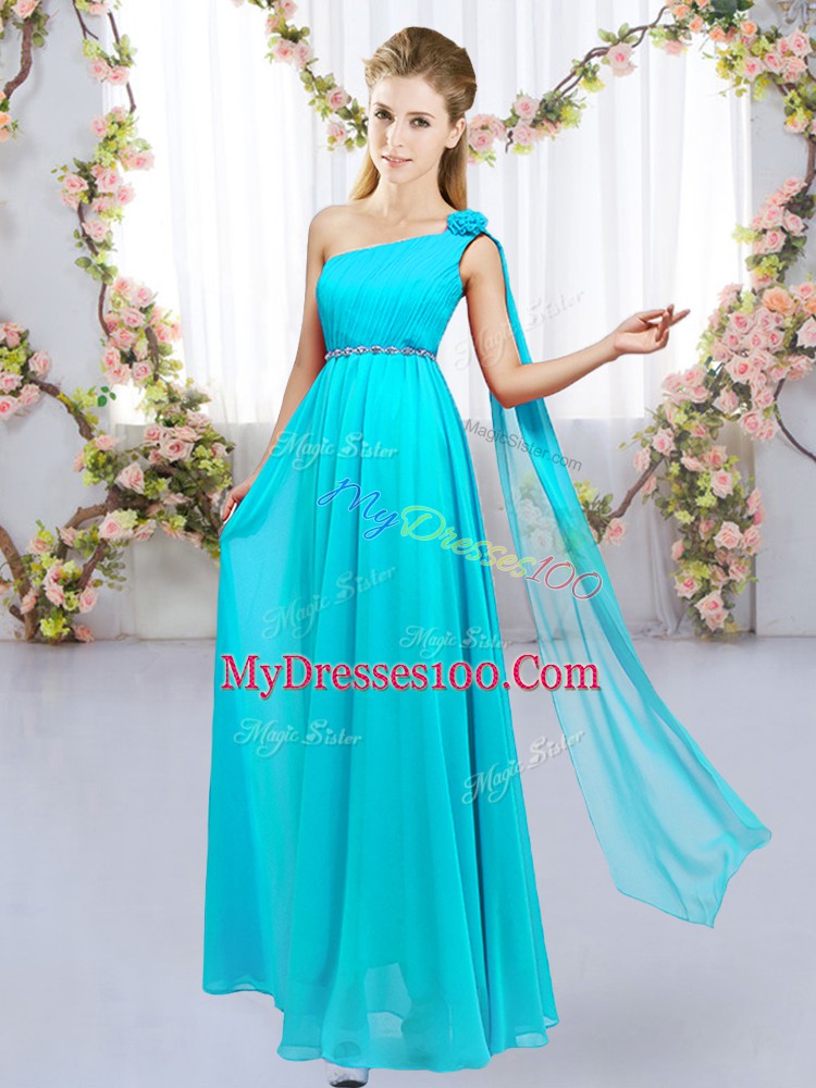 Aqua Blue Sleeveless Beading and Hand Made Flower Floor Length Bridesmaid Gown