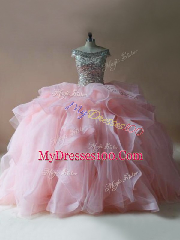 Sleeveless Brush Train Beading and Ruffles Lace Up 15 Quinceanera Dress