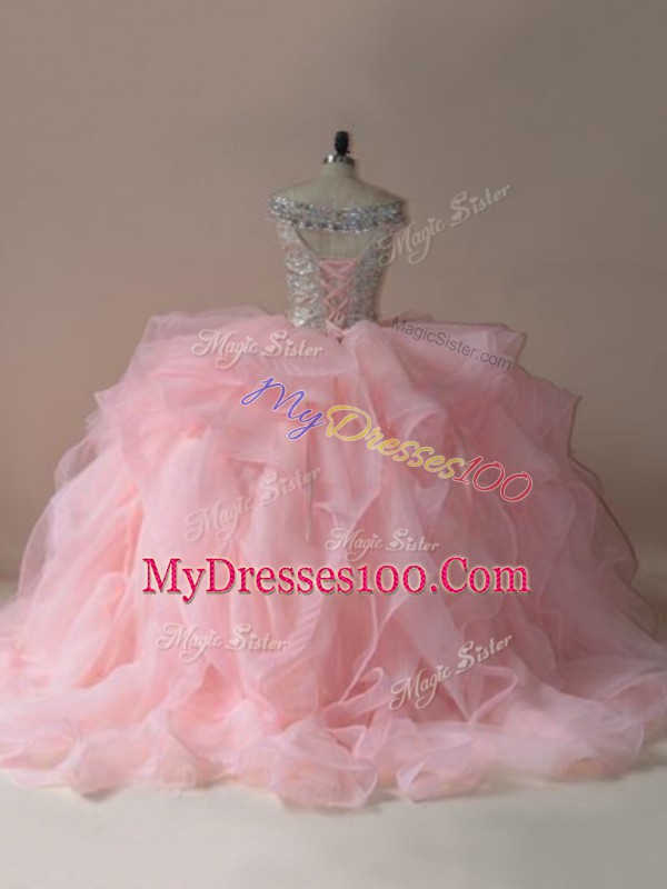Sleeveless Brush Train Beading and Ruffles Lace Up 15 Quinceanera Dress