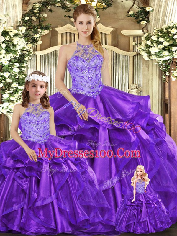 Deluxe Purple Halter Top Neckline Beading and Ruffles Quince Ball Gowns Sleeveless Lace Up