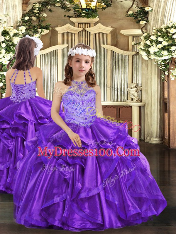 Deluxe Purple Halter Top Neckline Beading and Ruffles Quince Ball Gowns Sleeveless Lace Up