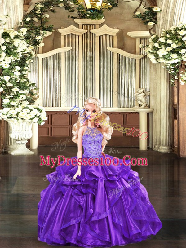Deluxe Purple Halter Top Neckline Beading and Ruffles Quince Ball Gowns Sleeveless Lace Up