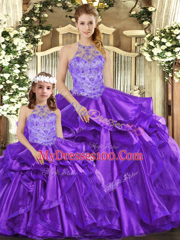Deluxe Purple Halter Top Neckline Beading and Ruffles Quince Ball Gowns Sleeveless Lace Up