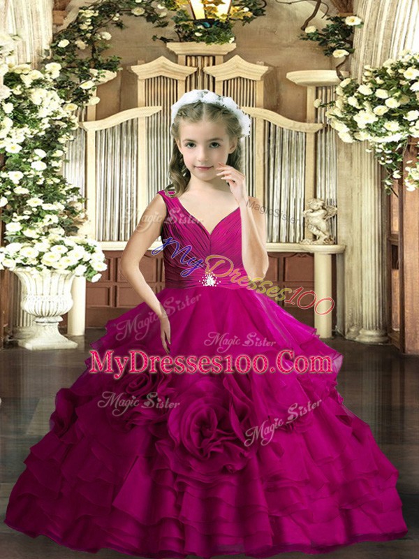 Floor Length Fuchsia Little Girls Pageant Dress Wholesale V-neck Sleeveless Backless