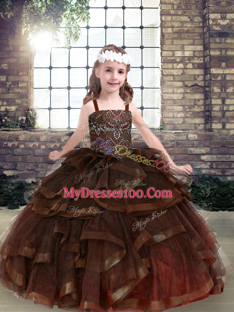Ball Gowns Little Girls Pageant Gowns Brown Straps Tulle Sleeveless Floor Length Lace Up