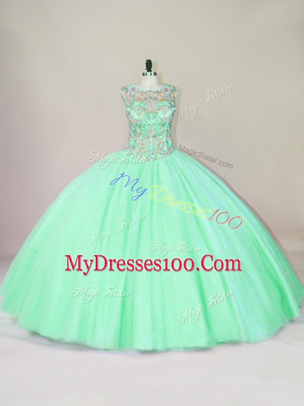 On Sale Floor Length Apple Green Quinceanera Gowns Tulle Sleeveless Beading