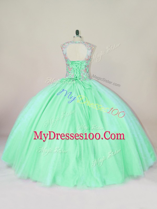 On Sale Floor Length Apple Green Quinceanera Gowns Tulle Sleeveless Beading
