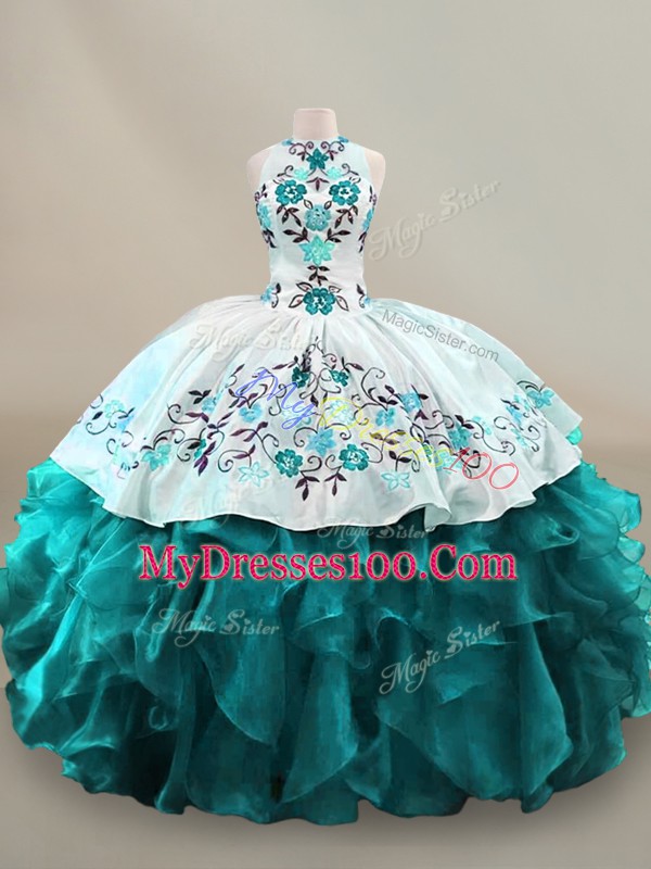 Spectacular Halter Top Sleeveless Organza Quinceanera Dresses Embroidery and Ruffles Lace Up