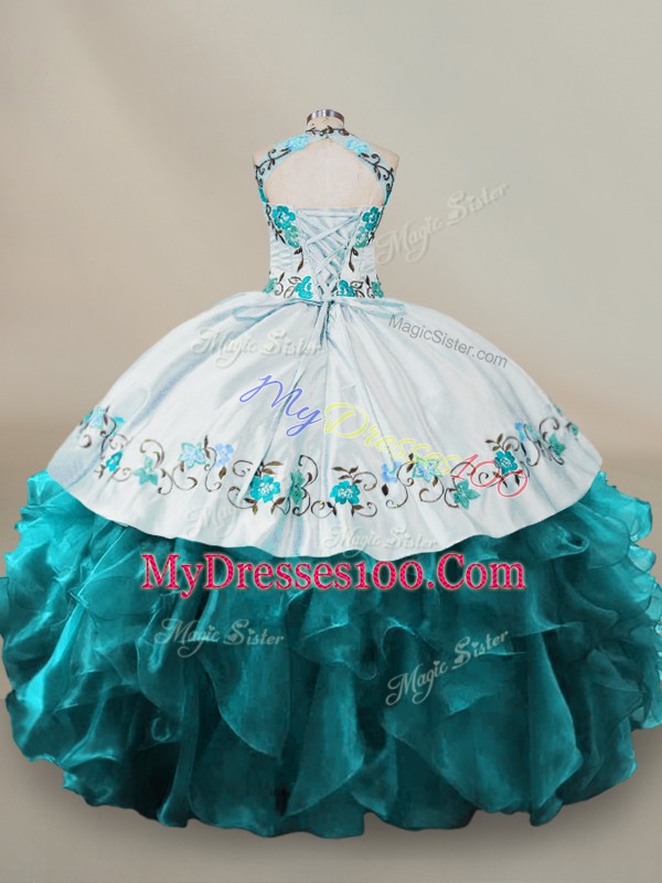 Spectacular Halter Top Sleeveless Organza Quinceanera Dresses Embroidery and Ruffles Lace Up