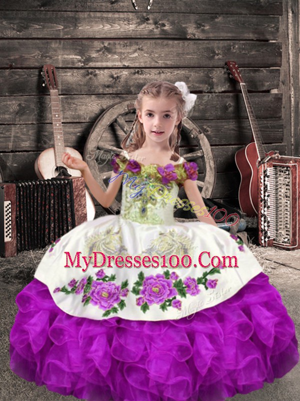 Sleeveless Organza Floor Length Lace Up Pageant Gowns For Girls in Purple with Beading and Embroidery and Ruffles