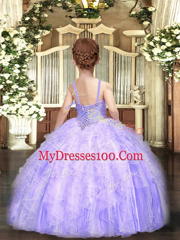 Best Lilac Ball Gowns Beading and Ruffles Kids Pageant Dress Lace Up Tulle Sleeveless Floor Length