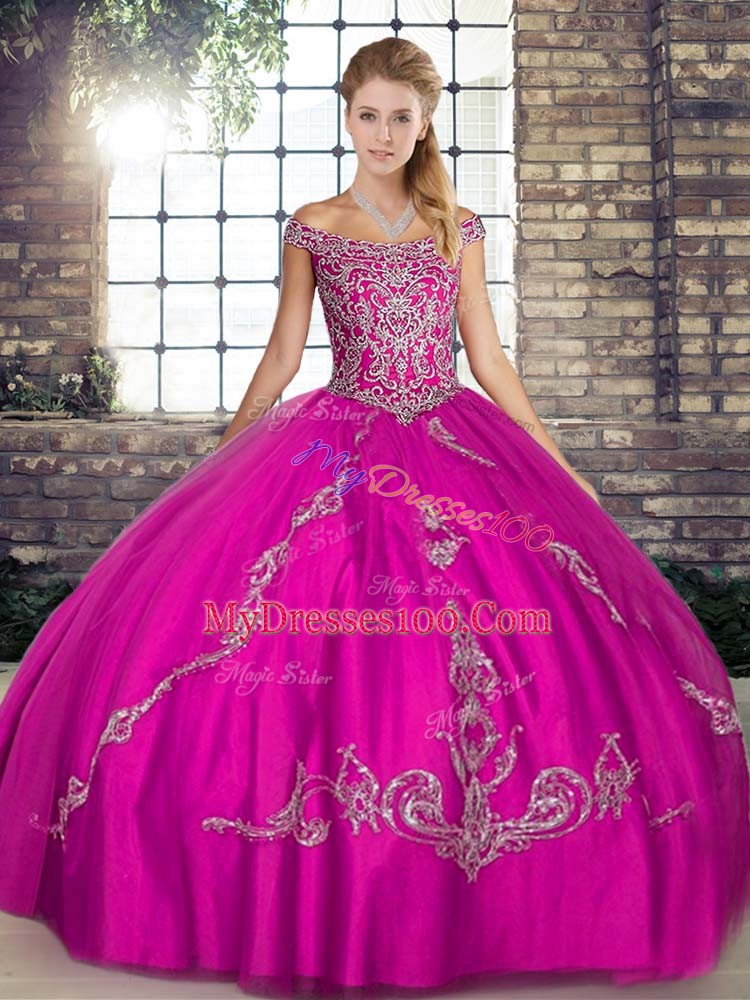 Sleeveless Floor Length Beading and Embroidery Lace Up Quinceanera Dress with Fuchsia