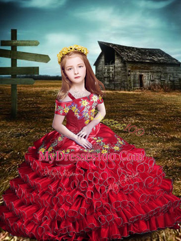 Modern Short Sleeves Floor Length Embroidery and Ruffled Layers Lace Up Girls Pageant Dresses with Red