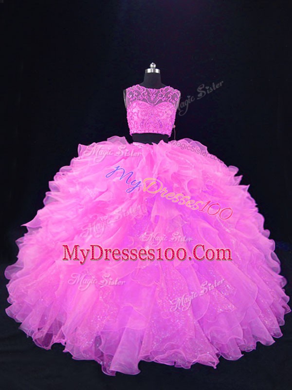Dazzling Pink Two Pieces Beading and Ruffles Sweet 16 Quinceanera Dress Zipper Organza Sleeveless Floor Length