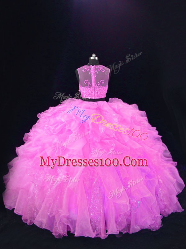 Dazzling Pink Two Pieces Beading and Ruffles Sweet 16 Quinceanera Dress Zipper Organza Sleeveless Floor Length