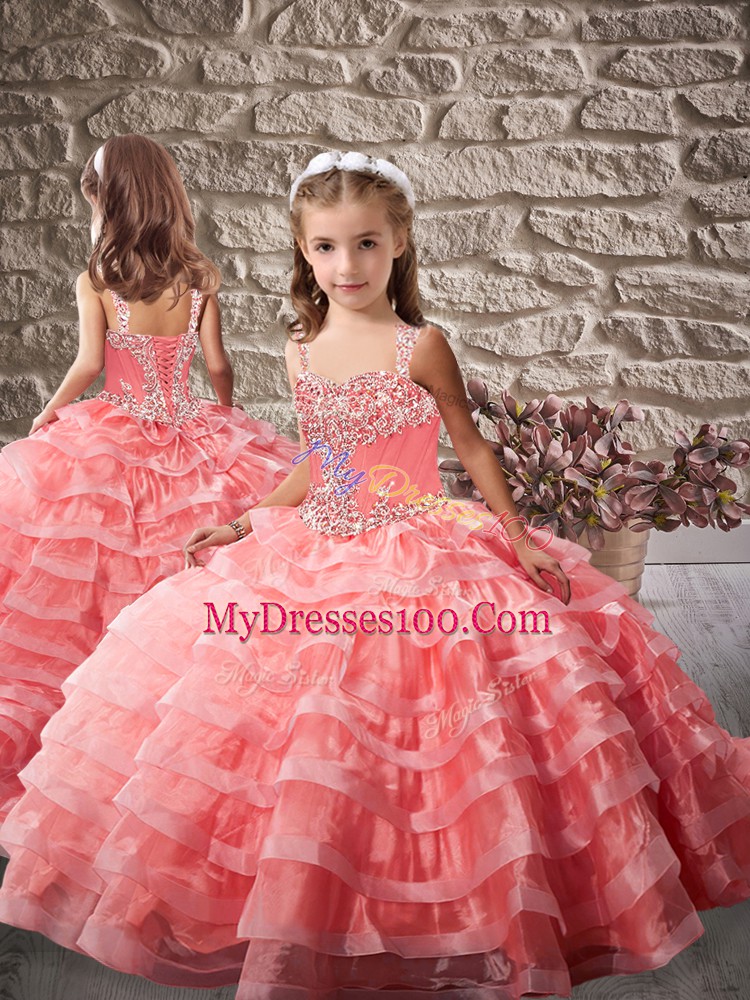 Watermelon Red Lace Up Little Girl Pageant Gowns Beading and Ruffled Layers Brush Train
