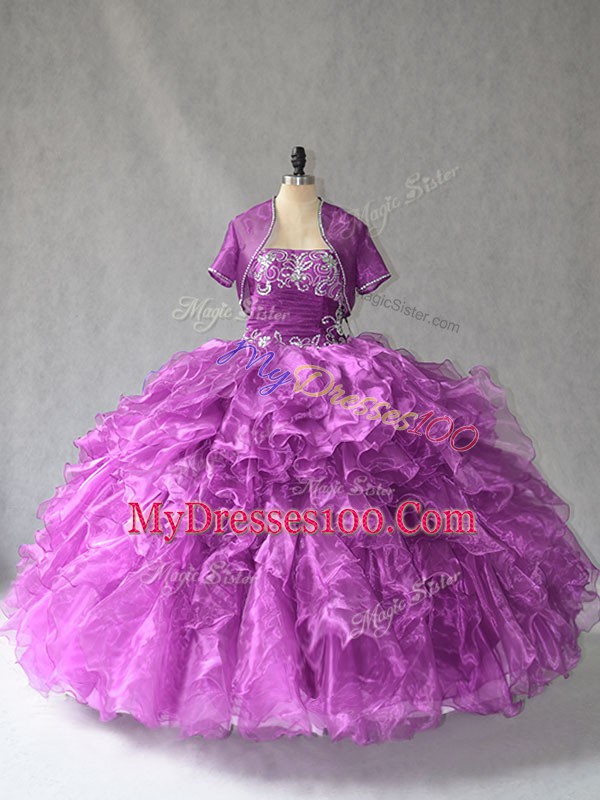 Extravagant Organza Strapless Sleeveless Lace Up Beading and Ruffles Quince Ball Gowns in Purple