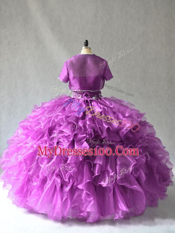 Extravagant Organza Strapless Sleeveless Lace Up Beading and Ruffles Quince Ball Gowns in Purple