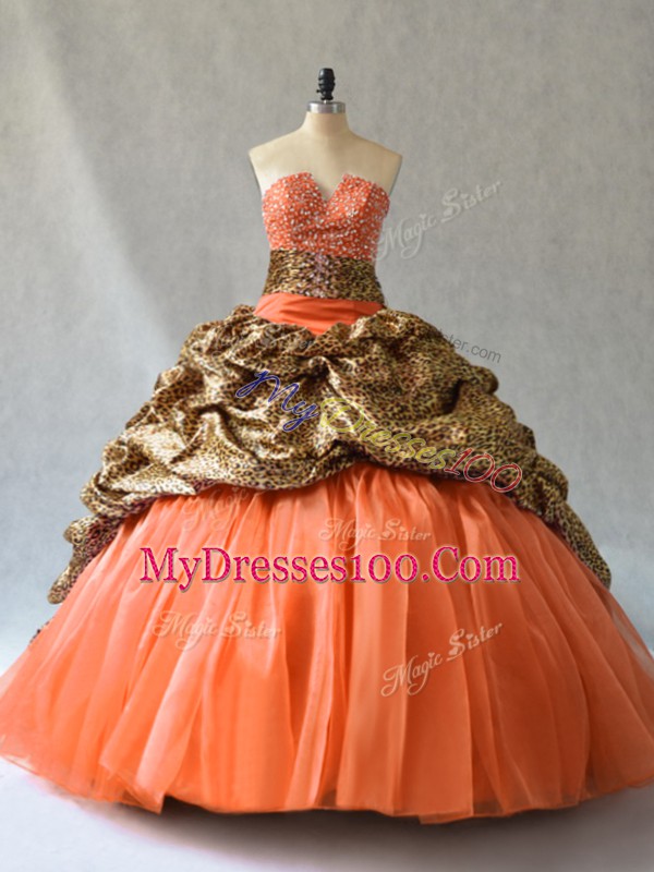 Brush Train Ball Gowns 15 Quinceanera Dress Orange V-neck Organza and Printed Sleeveless Lace Up