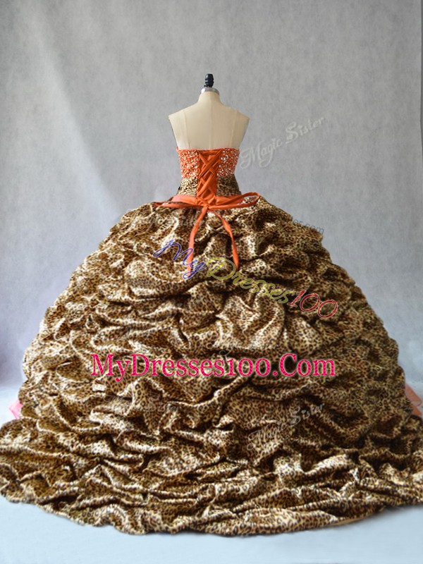 Brush Train Ball Gowns 15 Quinceanera Dress Orange V-neck Organza and Printed Sleeveless Lace Up