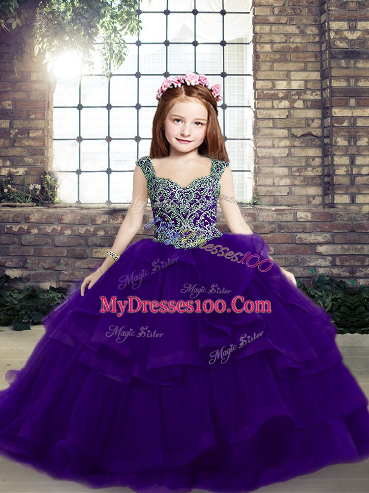 Straps Sleeveless Tulle Little Girl Pageant Gowns Beading Lace Up