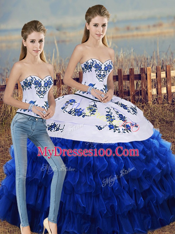 Sleeveless Organza Floor Length Lace Up 15th Birthday Dress in Royal Blue with Embroidery and Ruffled Layers and Bowknot