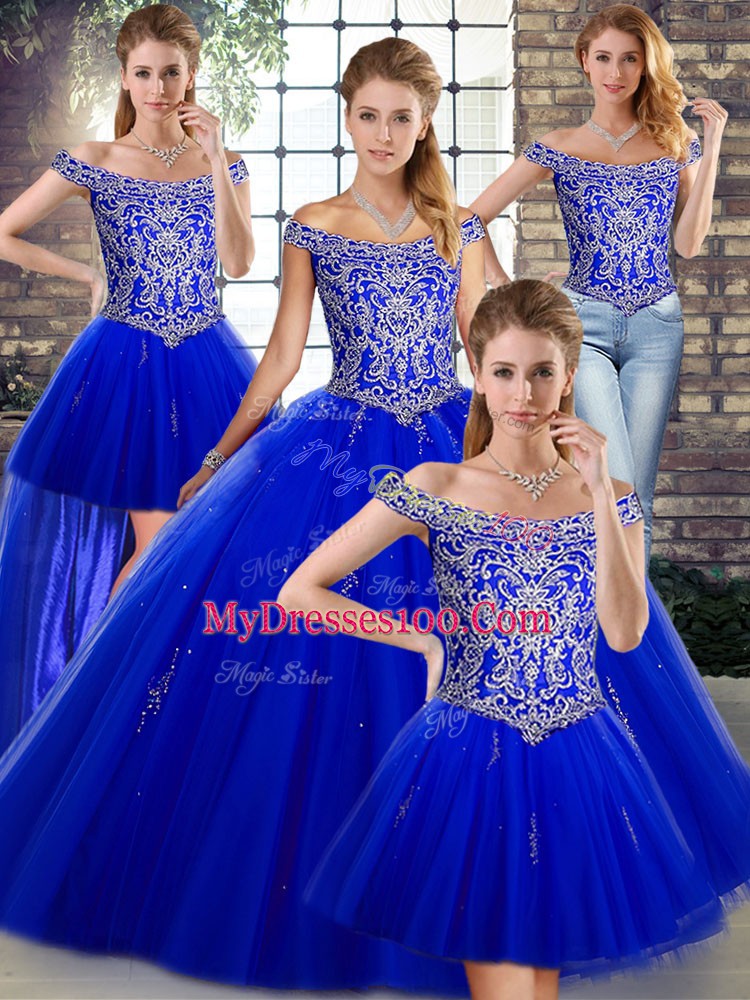Stylish Royal Blue Sleeveless Tulle Lace Up Vestidos de Quinceanera for Military Ball and Sweet 16 and Quinceanera