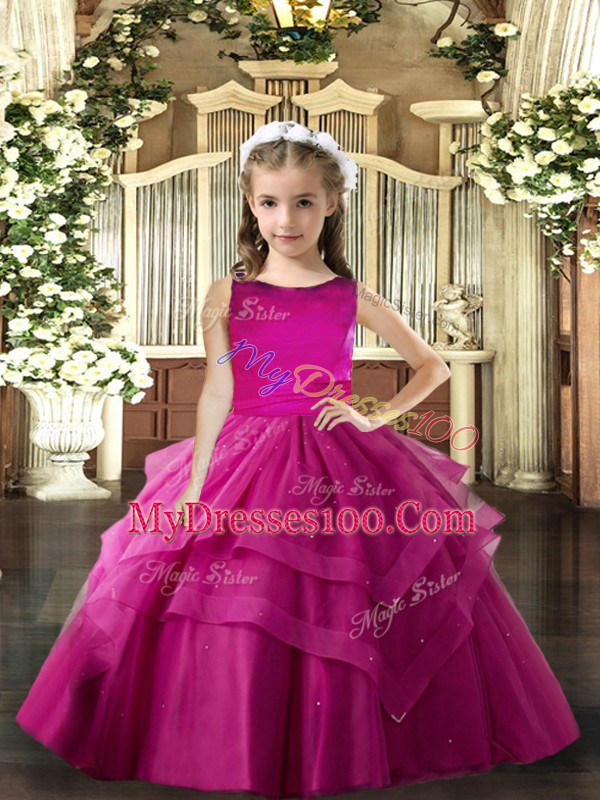 Tulle Sleeveless Floor Length Little Girls Pageant Dress and Ruffled Layers