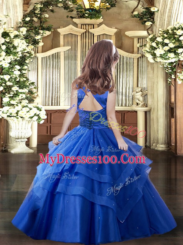 Tulle Sleeveless Floor Length Little Girls Pageant Dress and Ruffled Layers