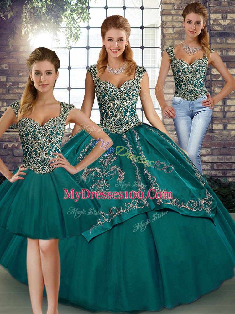 Beading and Embroidery Sweet 16 Dresses Teal Lace Up Sleeveless Floor Length