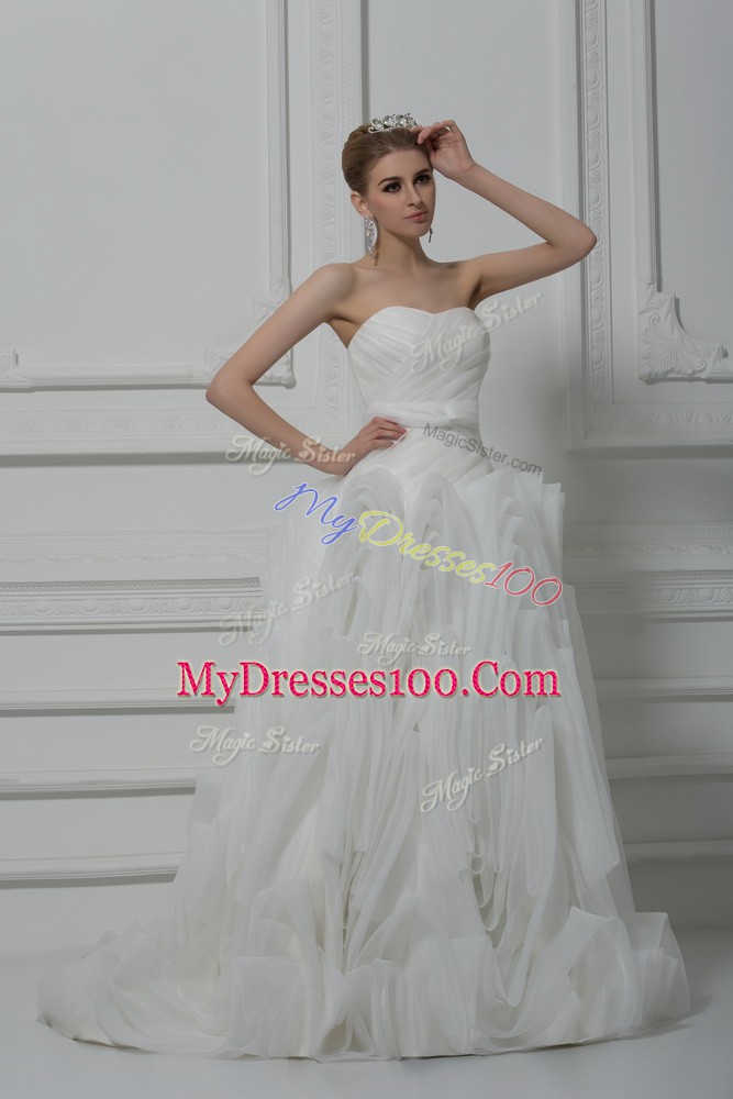 White Wedding Gown Fabric With Rolling Flowers Brush Train Sleeveless Belt
