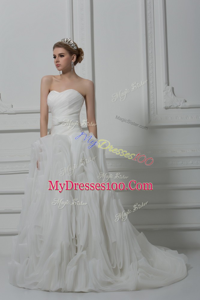 White Wedding Gown Fabric With Rolling Flowers Brush Train Sleeveless Belt