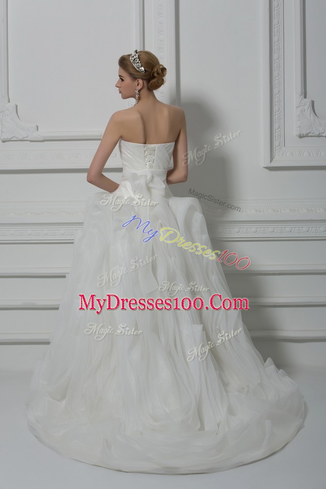 White Wedding Gown Fabric With Rolling Flowers Brush Train Sleeveless Belt