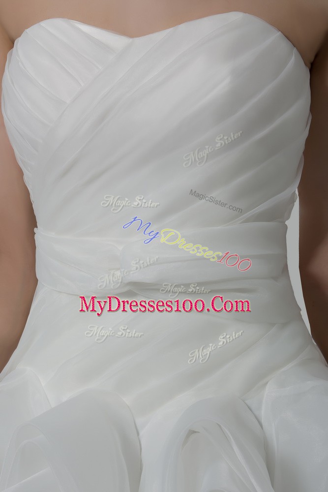White Wedding Gown Fabric With Rolling Flowers Brush Train Sleeveless Belt