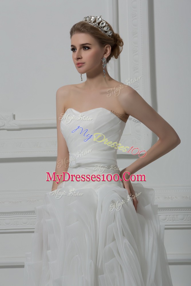 White Wedding Gown Fabric With Rolling Flowers Brush Train Sleeveless Belt
