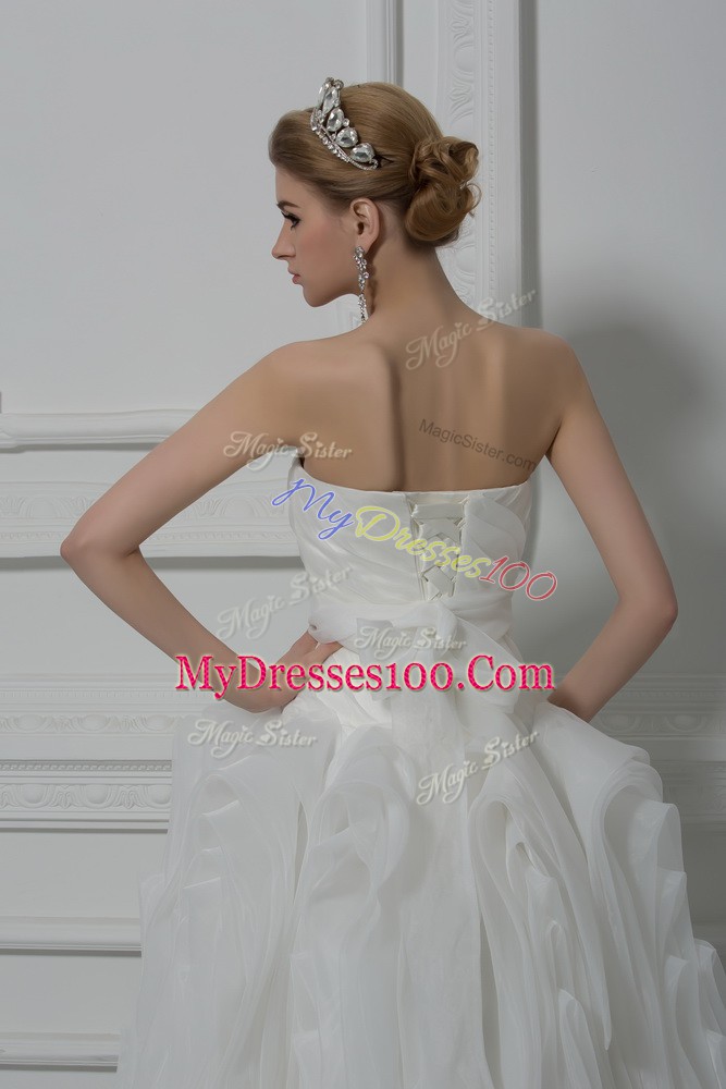 White Wedding Gown Fabric With Rolling Flowers Brush Train Sleeveless Belt