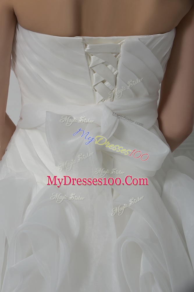 White Wedding Gown Fabric With Rolling Flowers Brush Train Sleeveless Belt