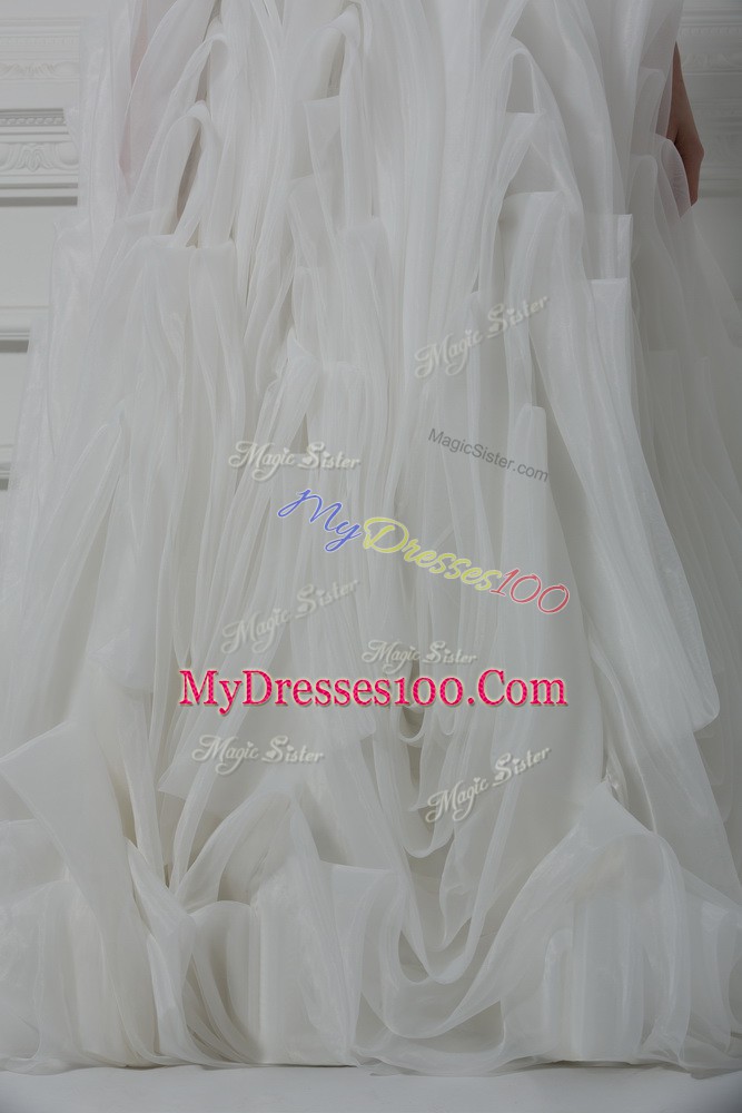 White Wedding Gown Fabric With Rolling Flowers Brush Train Sleeveless Belt