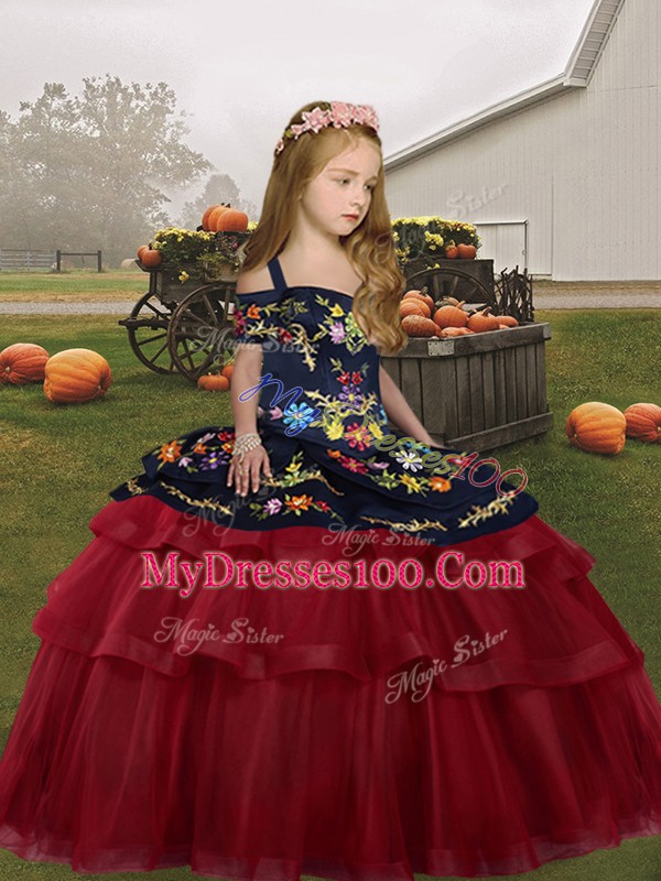 Attractive Red Little Girls Pageant Dress Wholesale Party and Wedding Party with Embroidery and Ruffled Layers Straps Sleeveless Lace Up