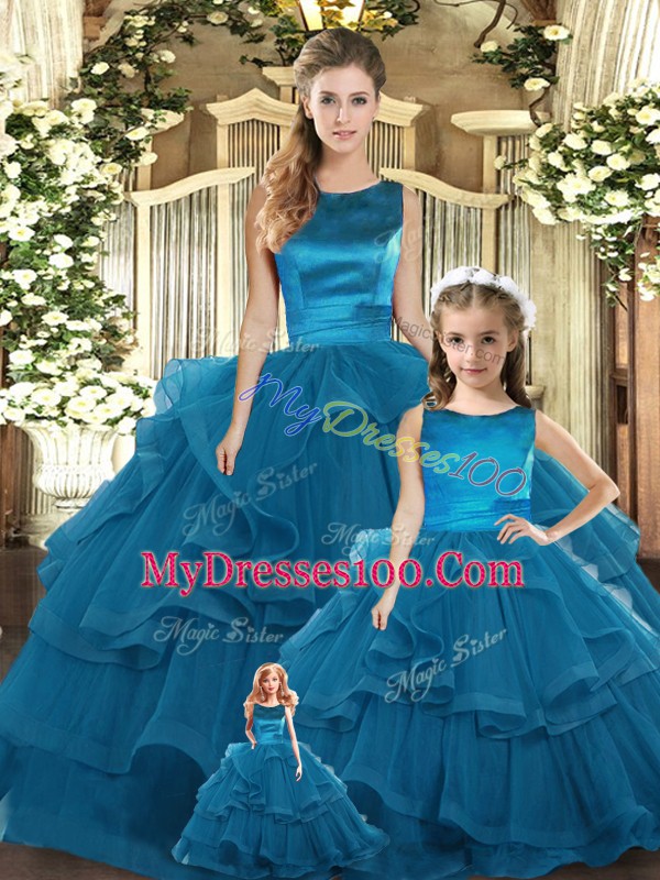 Trendy Floor Length Teal Quinceanera Gown Scoop Sleeveless Lace Up