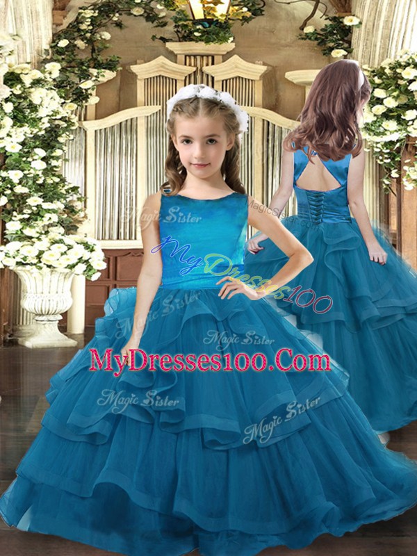 Trendy Floor Length Teal Quinceanera Gown Scoop Sleeveless Lace Up