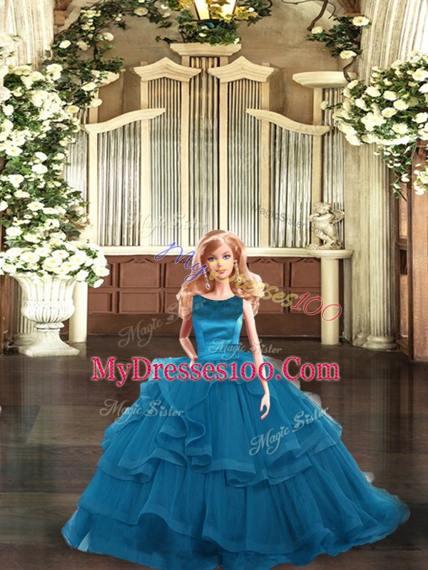 Trendy Floor Length Teal Quinceanera Gown Scoop Sleeveless Lace Up