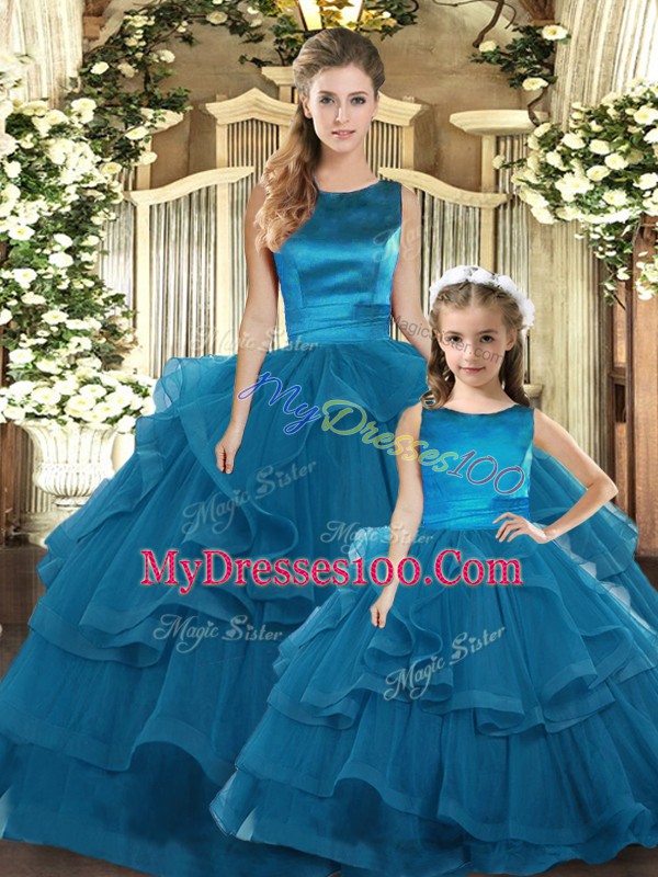 Trendy Floor Length Teal Quinceanera Gown Scoop Sleeveless Lace Up