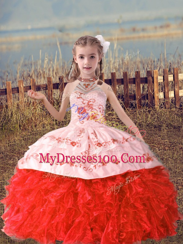 Top Selling Coral Red Ball Gowns Beading and Embroidery and Ruffles Little Girl Pageant Dress Lace Up Organza Sleeveless Floor Length