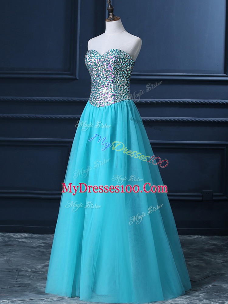 Sexy Floor Length Aqua Blue Prom Gown Sweetheart Sleeveless Zipper