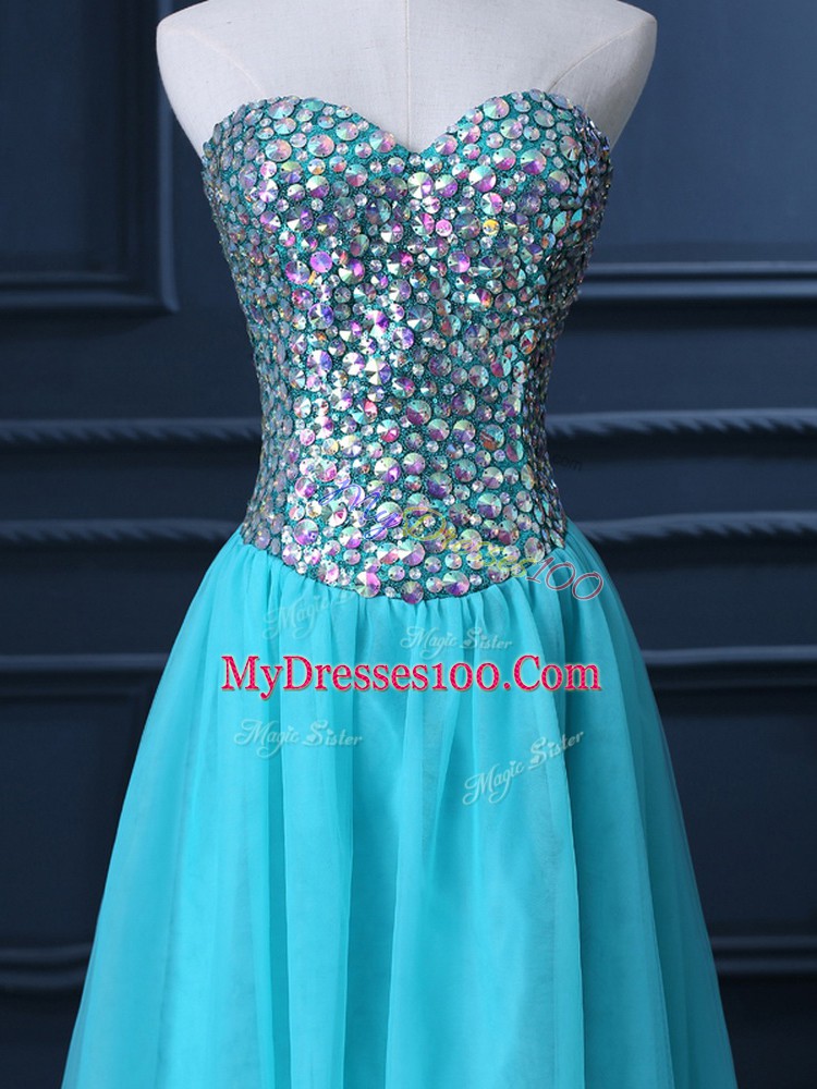 Sexy Floor Length Aqua Blue Prom Gown Sweetheart Sleeveless Zipper